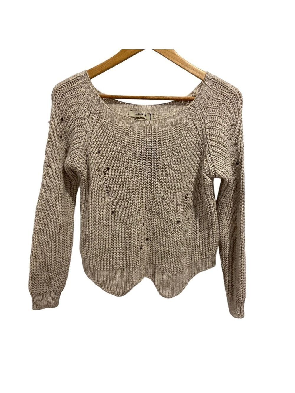 NWT Lashez Knit Crop Sweater Beaded Pearls | Women’s Cream Beige Ecru White NEW